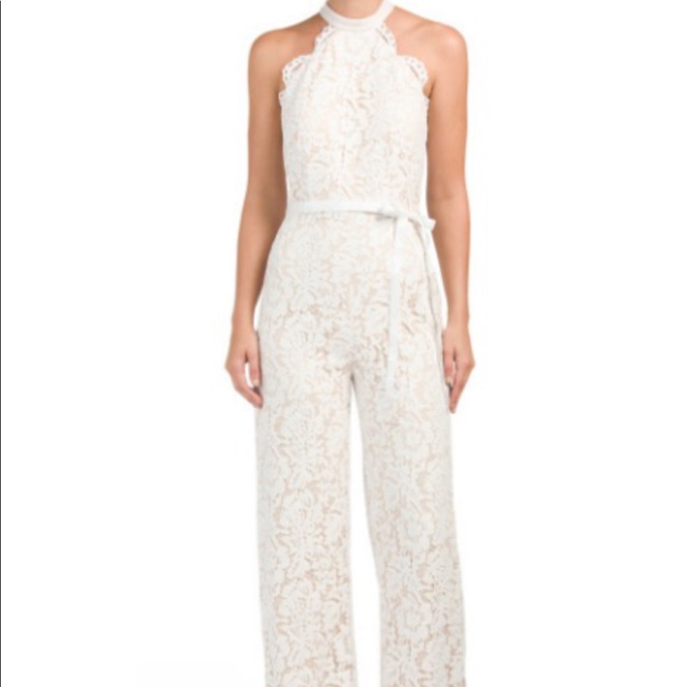 lace white jumpsuit, high neck, beaded